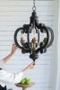 French Country Wood Chandelier, 6-Light Farmhouse Pendant Light Fixture with 28" Adjustable Chain for Kitchen Foyer Hallway, Bulb Not Included