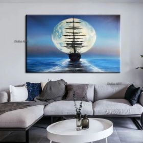 Handmade Sailboat Painting Seascape Original Art Boat Painting Nautical Artwork Full Moon Canvas Painting Night Sky Wall Art (size: 90x120cm)