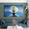 Handmade Sailboat Painting Seascape Original Art Boat Painting Nautical Artwork Full Moon Canvas Painting Night Sky Wall Art