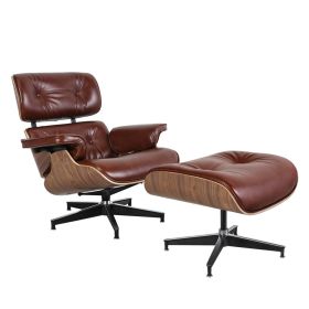 Living Room Standard Size Lounge Chair Armchair With Ottoman Genuine Leather Swivel Chair (Color: retro brown PRO leather walnut frame)